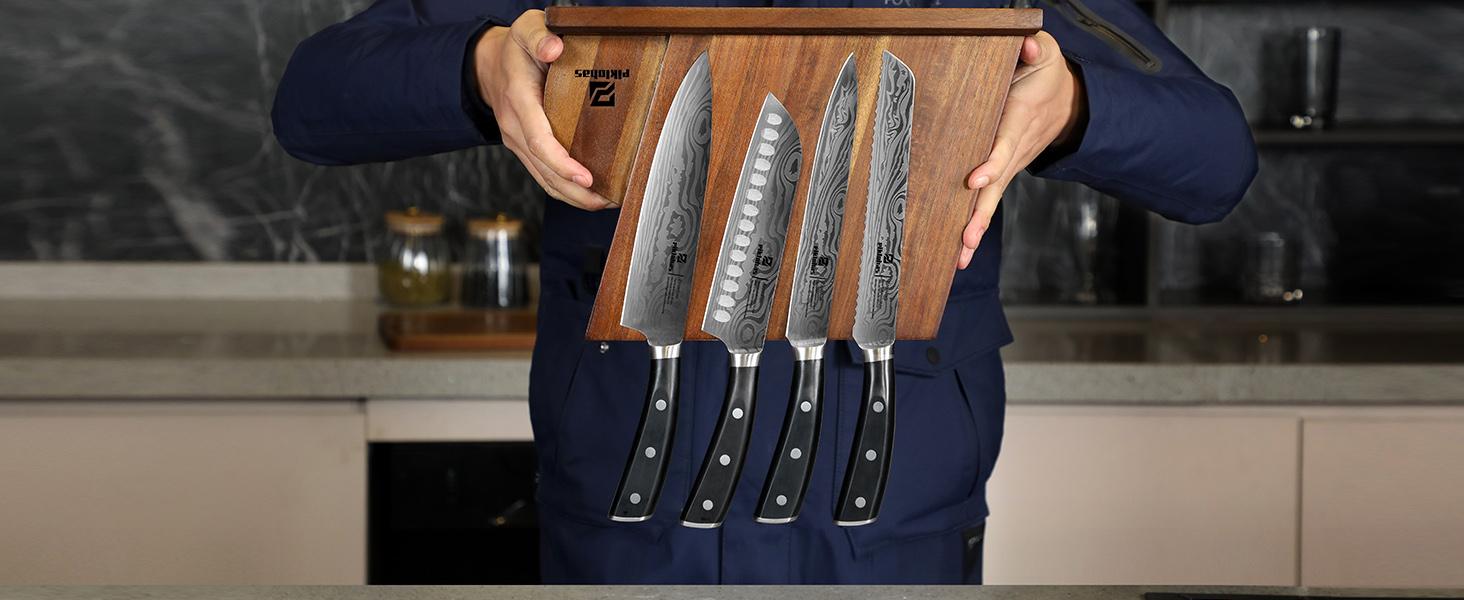 【TikTokShopJumpstart】Kitchen Knife Sets for Kitchen with Block, 17 Pieces with Magnetic Knife Holder, German High Carbon Stainless Steel Damascus Pattern Chef Knives Set with Sharpener, Steak Knives Valentines Day Gift