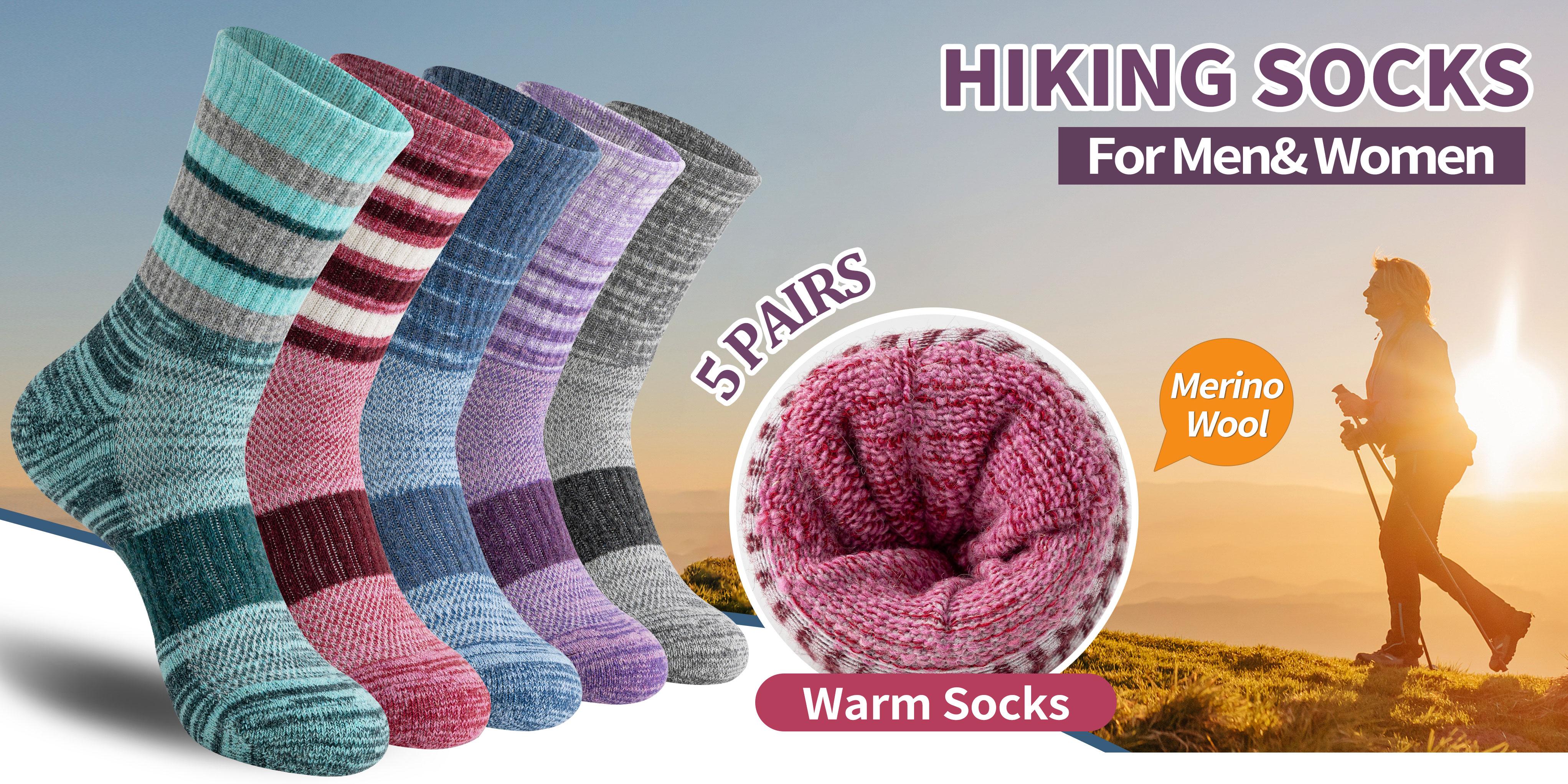 5 Pairs Merino Wool Hiking Socks For Women & Man Compression Support Sweat Absorbing Breathable Thick Cushion Work Socks Festival Gift Socks Striped Menswear