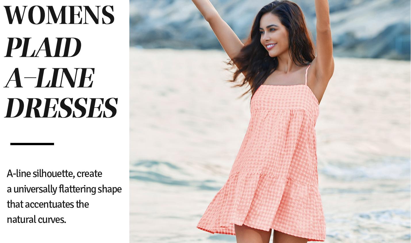 Wenrine Women's Summer Plaid Mini Dress Casual Spaghetti Strap Sleeveless A Line Beach Sundress with Pockets