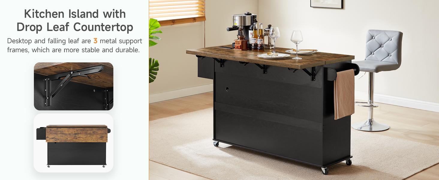 【BackToSchool】ONBRILL 60" Kitchen Island with Power Outlet & Drop Leaf, Kitchen Rolling Island with Spice Rack & Towel Rack, Knife Holder, Kitchen Island Cart with Trash Storage Cabinet, Mobile Island Table for Kitchen