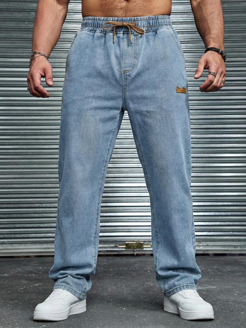 Men's drawstring elastic waist straight-leg jeans, non-stretchy denim long pants, comfortable straight-leg fit, suitable for daily casual wear, a must-have trendy men's long pants 🔥
