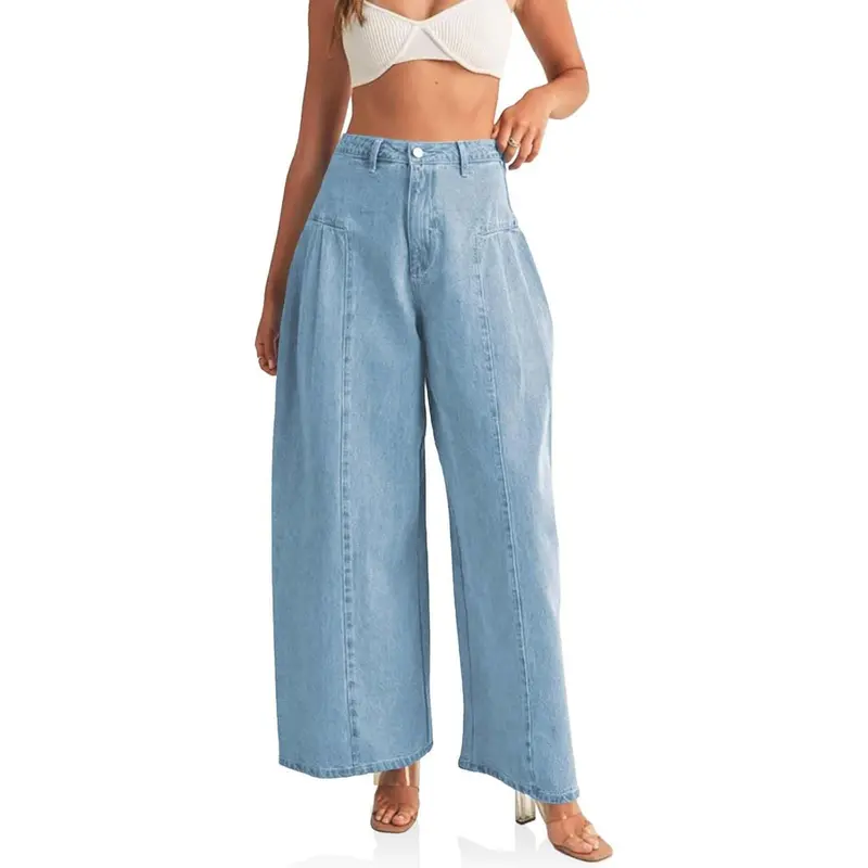 Imily Bela Women's High-Waist Minimalist Wide-Leg Pleated Jeans - Comfortable Baggy Boyfriend Style Denim Bottoms with Good Fit, Perfect for Tees, Blouses, Summer Wear