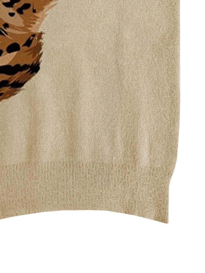 Women's Leopard Print Stand Collar Sweater, Fall Winter Casual Long Sleeve Knitwear, Comfortable Warm Daily Wear, Elegant Zebra Stripe Design