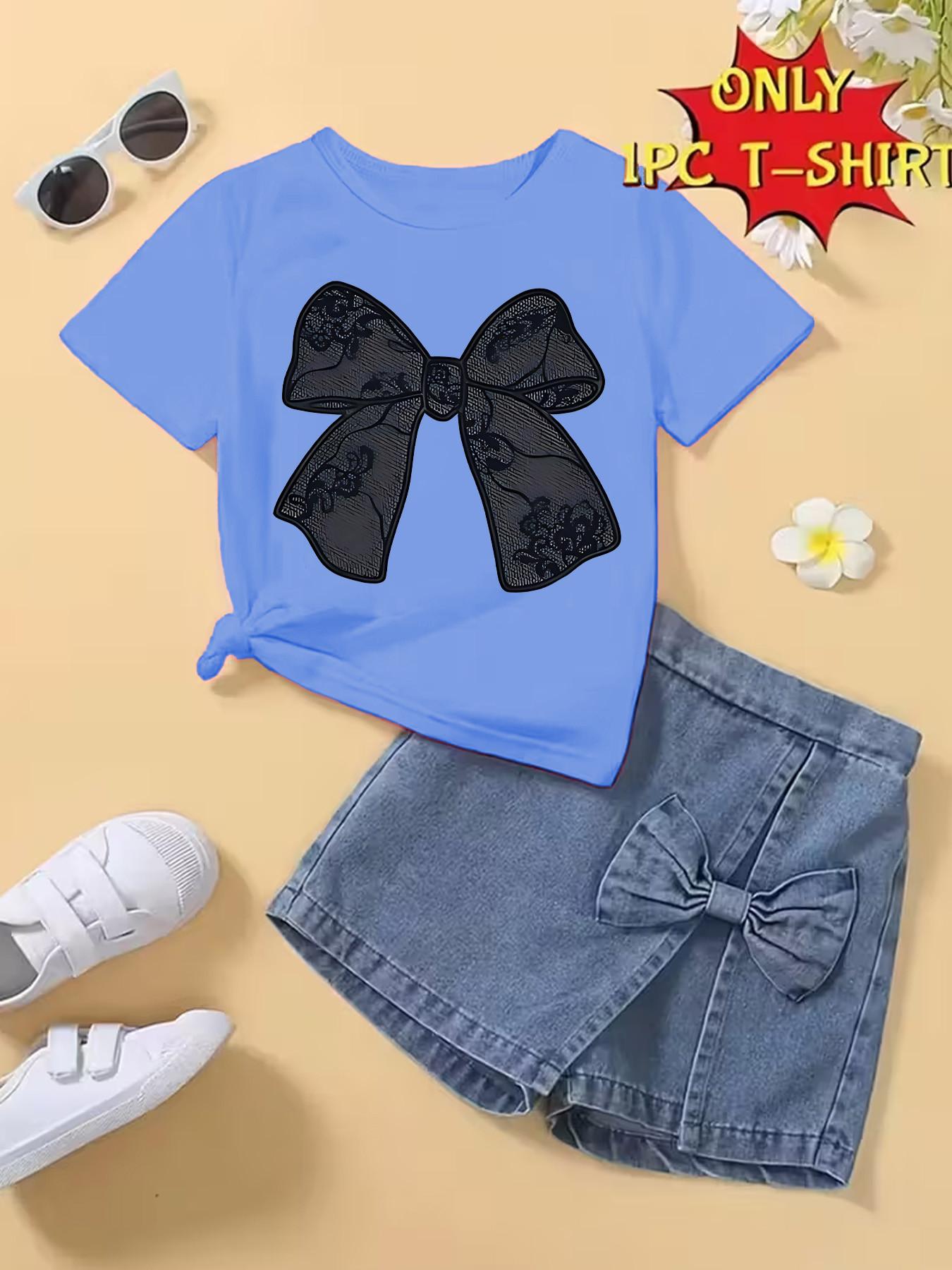 Girls' Summer Fashion Bowknot Series Bow Print Comfortable Round Neck Short Sleeve T-Shirt, Casual Versatile Unisex Kids Clothing Graphic Tee