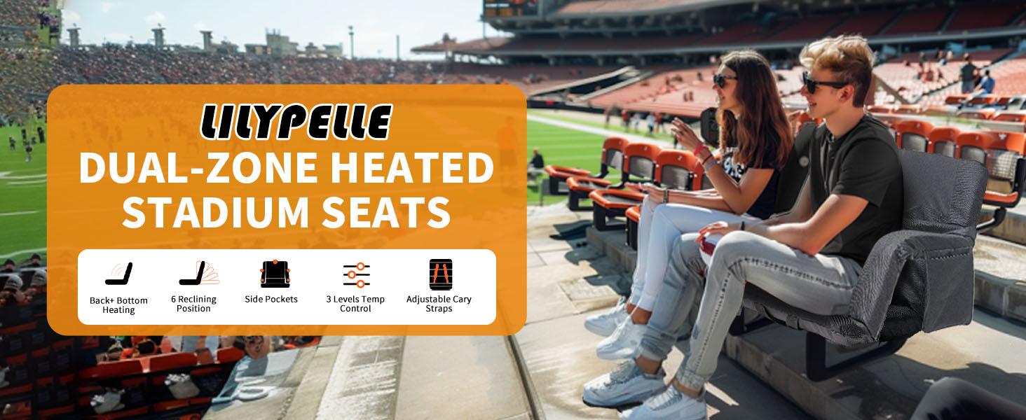 Lilypelle Double Heated Stadium Seat Bleacher Seat with Back & Arm Support, Portable 6 Reclinng Positions Stadium Seating for Bleachers, Bleacher Seats for Sports Events, Outing, Travelling, Hiking