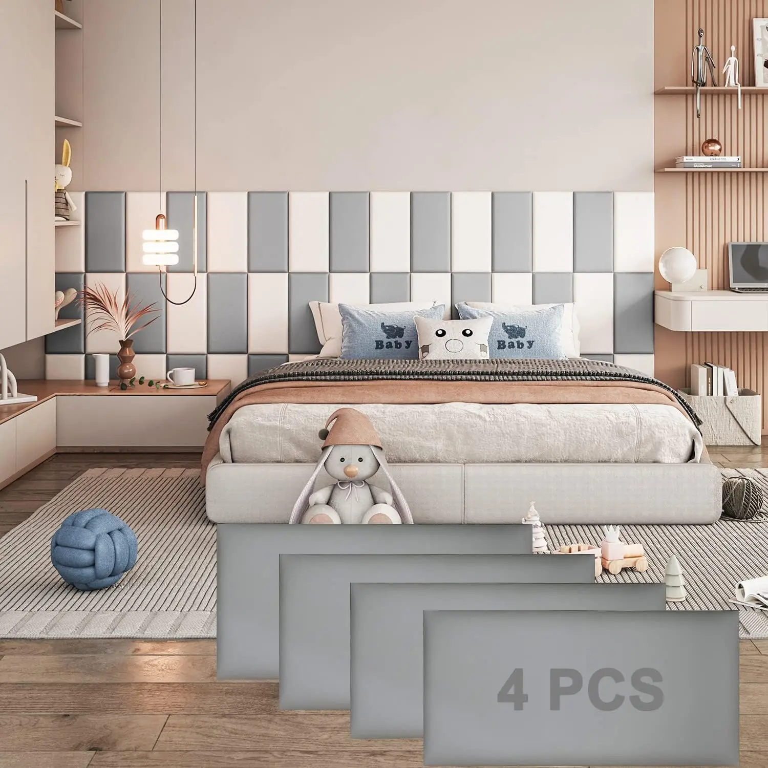 Peel and Stick Headboard Grey Upholstered Wall Panels Pack of 4 Panels  Anti- Wall Padding Wall Mounted headboard Soundproof Wall Panels