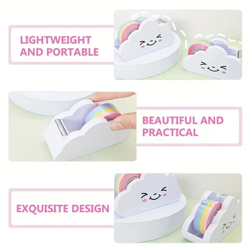 Cloud-Shaped Tape Dispenser Desktop Office Desk Tape Cutter with Rainbow Roll, Home Office School Supplies, Tape Roll Distributor