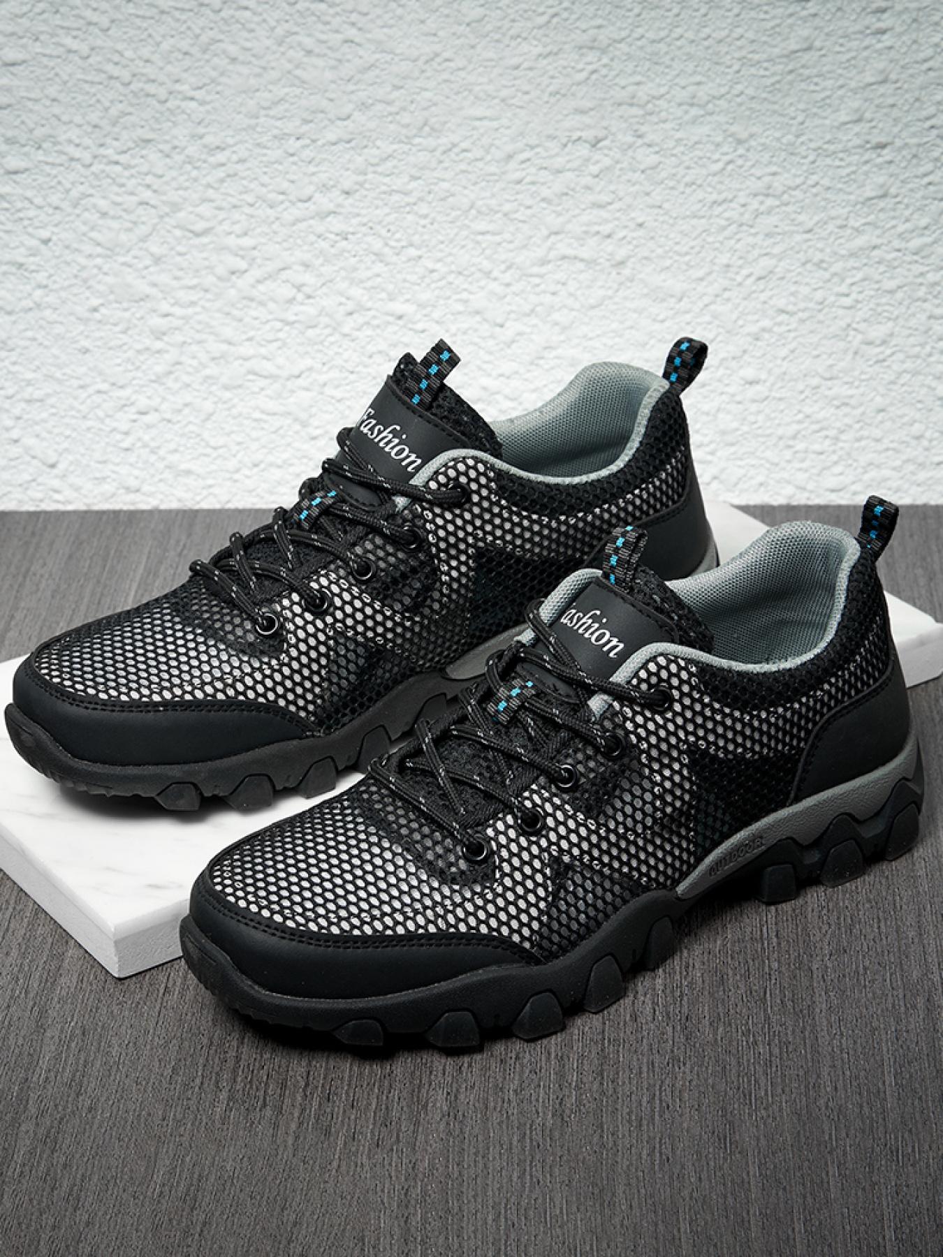 Men's Solid Color Mesh Breathable Outdoor Hiking Shoes Lace-up Closed-toe Trekking Shoes Non-slip Wear-resistant Casual Sneakers