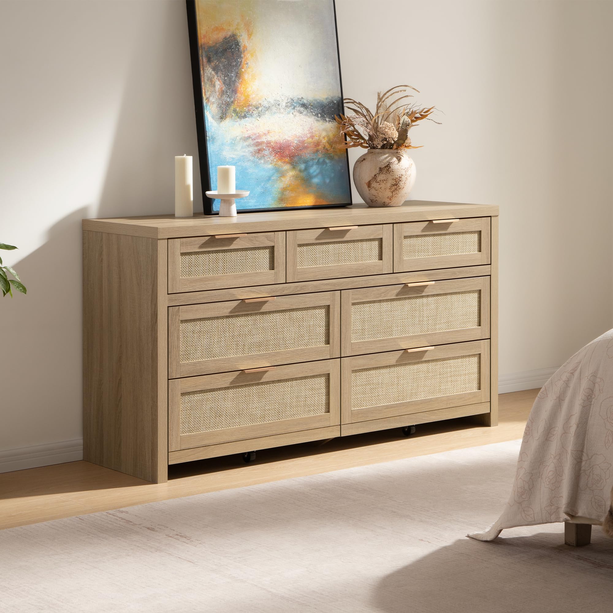 SICOTAS Rattan Dresser for Bedroom, 17.7" x 56.9" x 31.3" Size 6 Drawer Dresser with Ample Storage,Unique Engineered Wood Dressers Large Chest of Drawers for Nursery, Closet, Boho TV Stand for Bedroom, Sturdy and Durable, Easy Installation