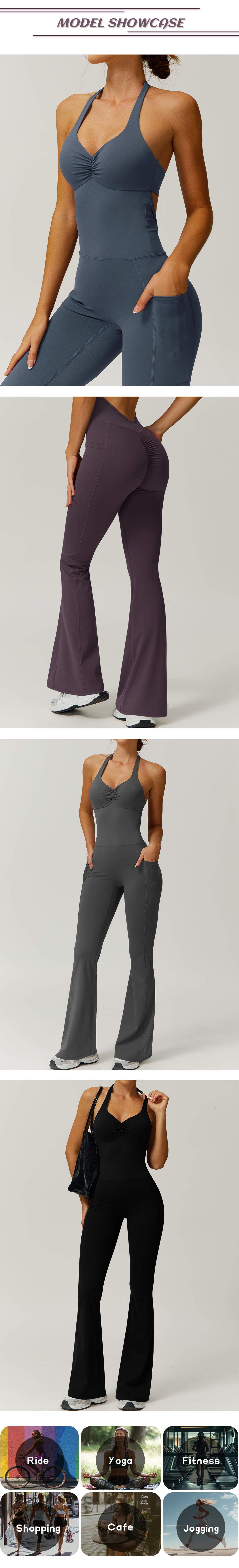 TimeOFF Women's Halter Neck Jumpsuit , Folded Chest, Flared Legs, Butt-Lifting Design , Yoga, Gym & Outdoor Activewear Fitness Outfits Workout Apparel, Solid Color Jumpsuit, Sportswear Jumpsuits