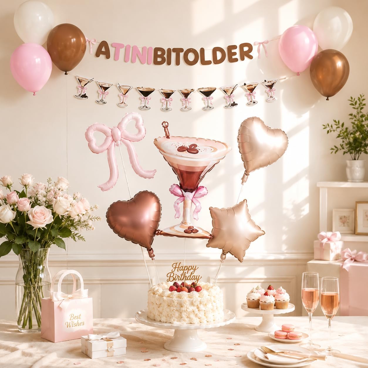 A Tini Bit Older Birthday Decorations Espresso Martini Birthday Party | Martini Balloon Bow Heart Shape Foil Balloons for Bachelorette Decor Girls Bithday Party Supplies