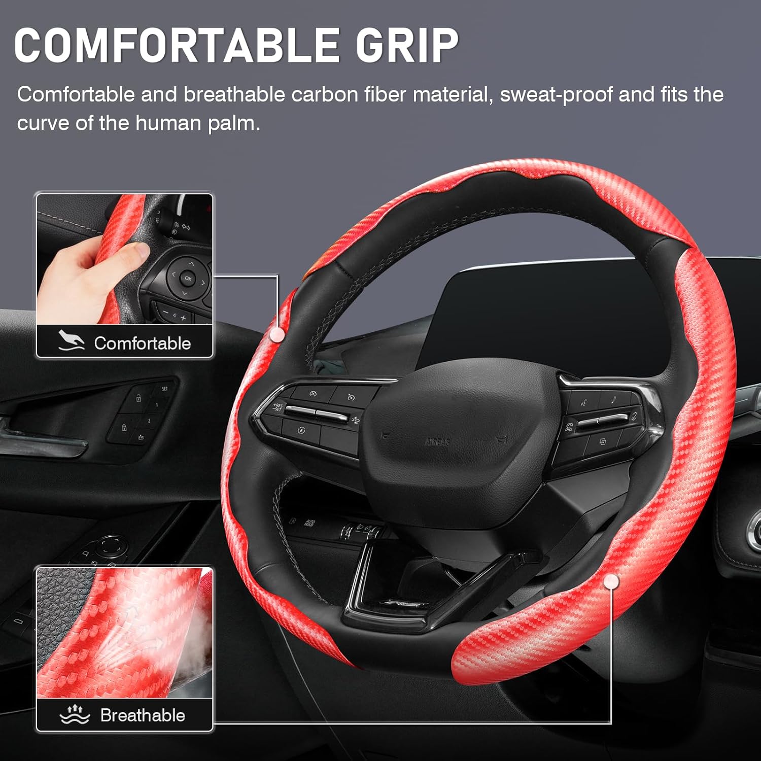 Canvcle 3 Piece Carbon Fiber Steering Wheel Cover, Car Steering Wheel Cover for Men/Women, Anti-Slip, Comfortable Grip, Durable, Universal for 99% Car Interior Accessories Canvcle 3 Piece Carbon Fiber Steering Wheel Cover, Car Steering Wheel Cover for Men/Women, Anti-Slip, Comfortable Grip, Durable, Universal for 99% Car Interior Accessories