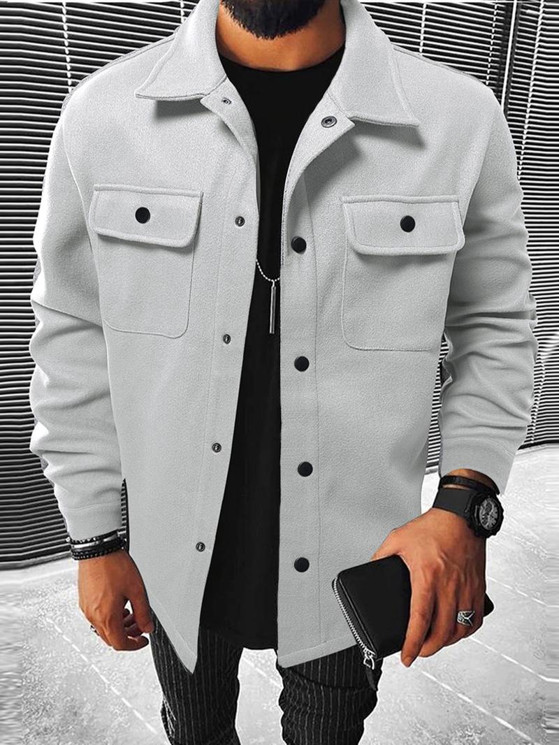 Men's Button Front Pocket Jacket Coats, Casual Collared Long Sleeve Outerwear for Fall & Winter, Men's Tops for Daily Wear, Men's Drippy Outfits Going Out Outfit