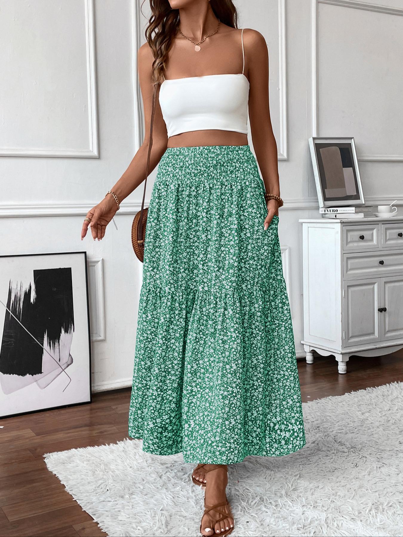 Women's Floral Casual A-Line Ruffled Skirt, Elastic Waist Pockets, Leaf Hem, Long Fitted Skirt, Fashionable Mid-Length Dress