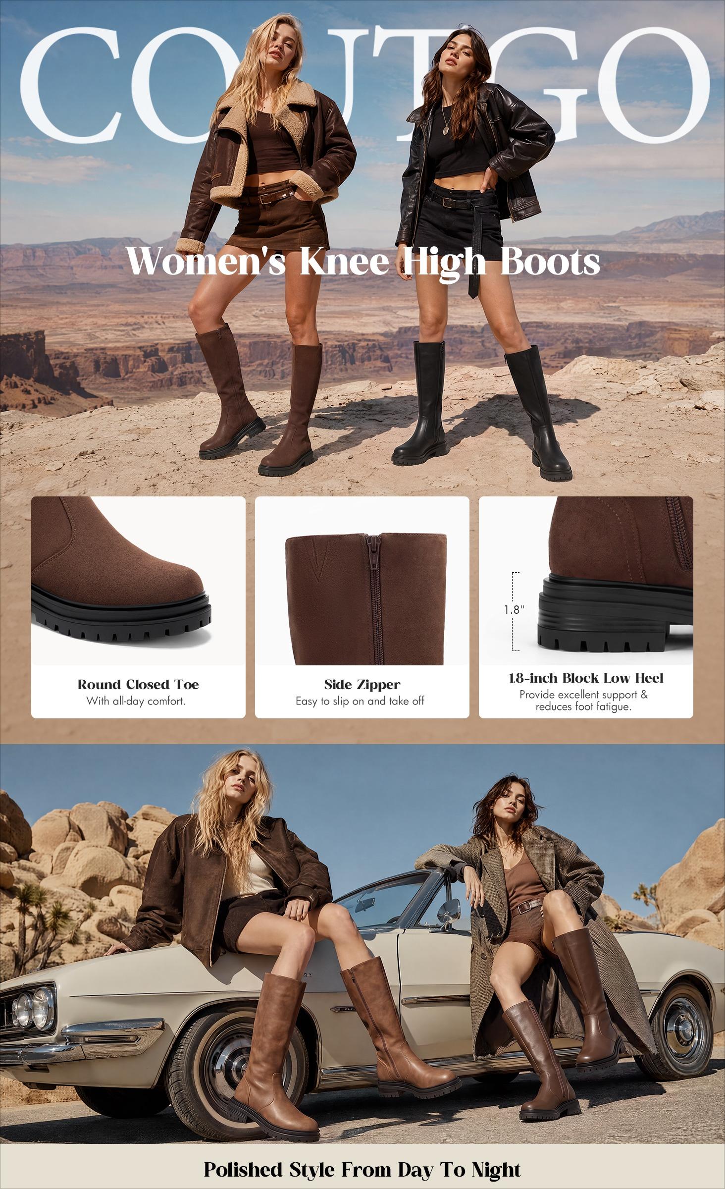 Coutgo Womens Knee High Boots Platform Chunky Heel Lug Sole Dress Boots | 1.8-inch Low Block Heel,Round Toe,Fall Winter,Dressy Casual,Side Zipper,Riding Boots,Long Boots,Tall Boots sohochic