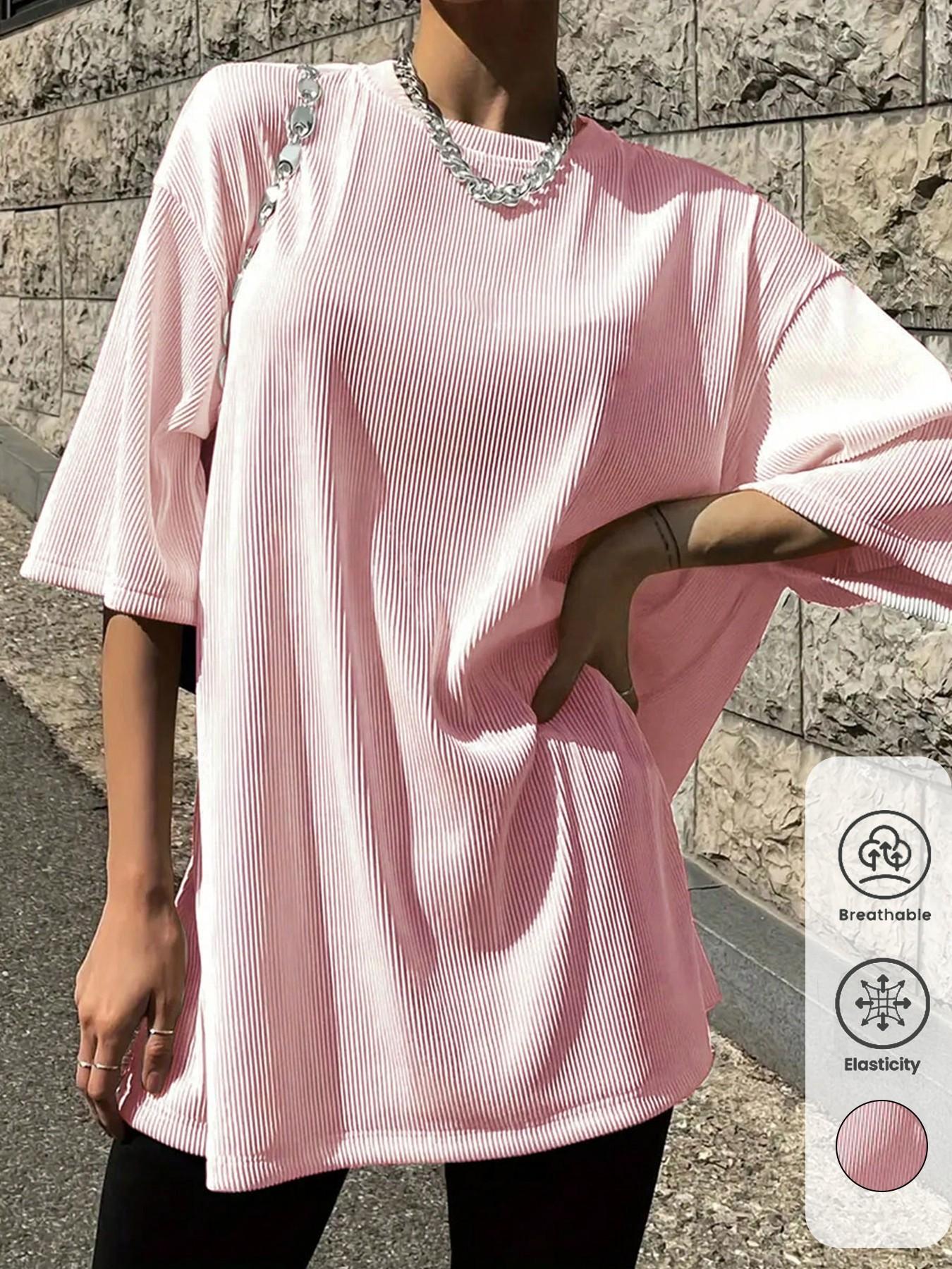 tiktokshopspringglowup Women's oversized ribbed T-shirt, breathable and elastic loose summer top, comfortable daily street wear basic T-shirt