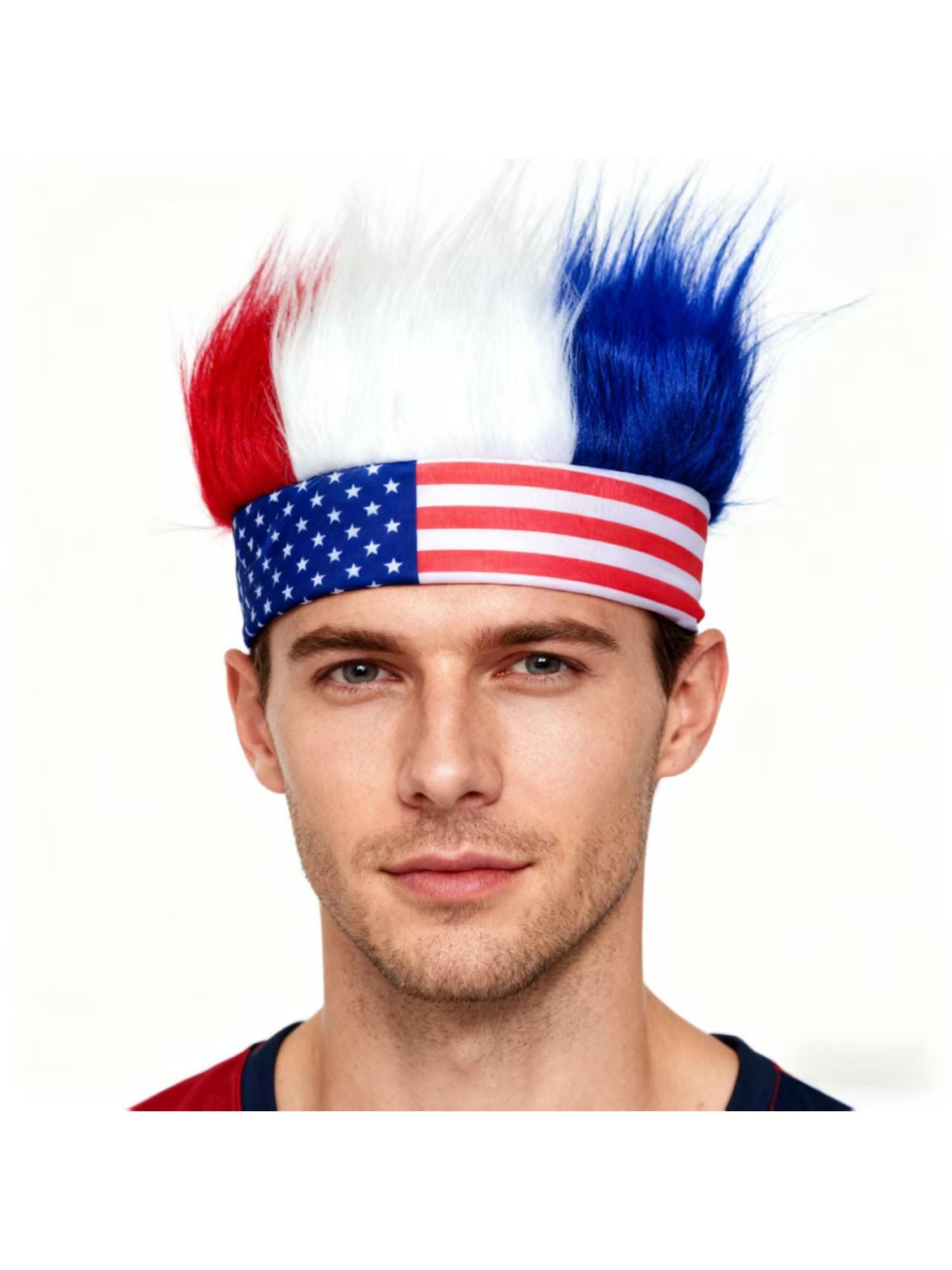 American Flag Fan Wig Hat Headband Independence Day Party Cheerleader Accessory, Patriotic Usa Hair Curl Straight Design, All Seasons Wear