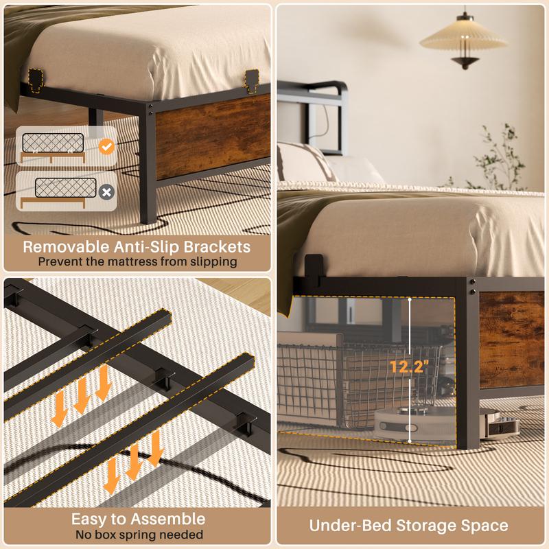 Homieasy Bed Frame with Charging Station and LED Lights, Adjustable Upholstered Headboard, Steel Slat Support, No Box Spring Needed, Rustic Brown king bed Unique Bedroom Furniture Homieasy Bed Frame with Charging Station and LED Lights, Adjustable Upholstered Headboard, Steel Slat Support, No Box Spring Needed, Rustic Brown king bed Unique Bedroom Furniture