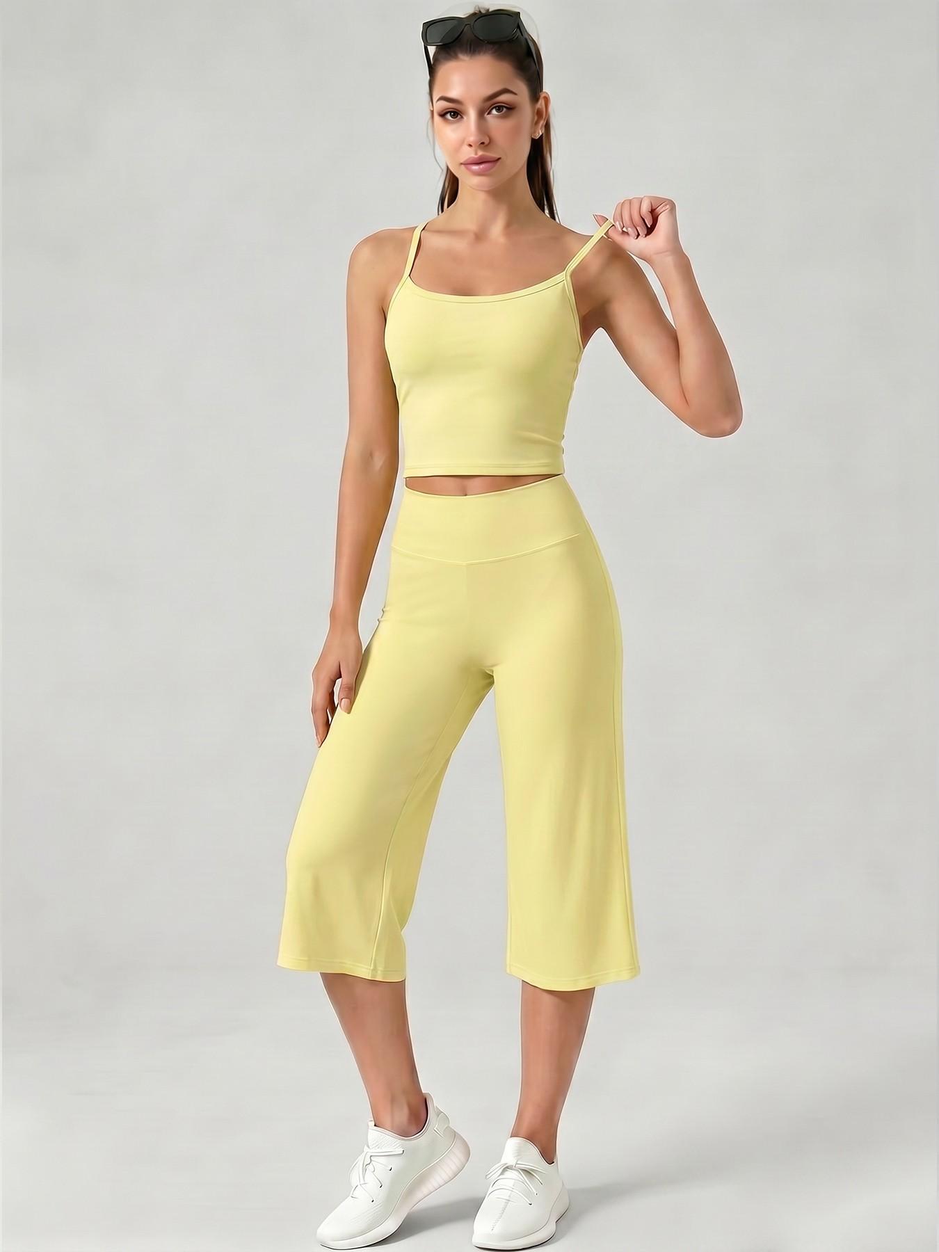 Women's Sporty Fitted Tank Top & High-Waisted Wide-Leg Pants Set, Breathable Solid Color, Ideal for Yoga, Casual Wear, Home Comfort, Athleisure Summer Clothes