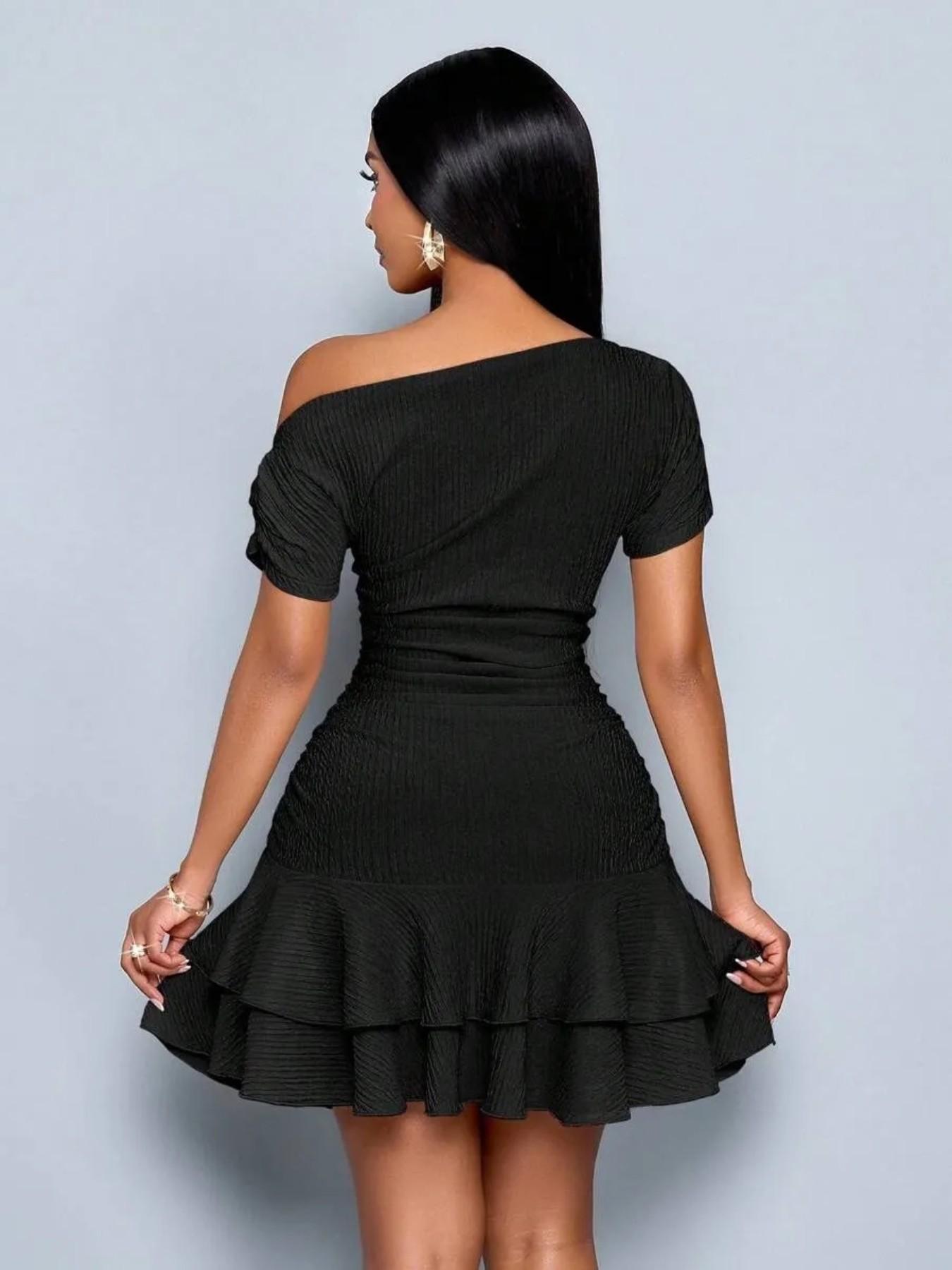 Women's Elegant Mini Dress, Short Sleeve Solid Color, Asymmetrical Shoulder Pleated Ruffle, Slimming Waist, Summer Party Date Wear