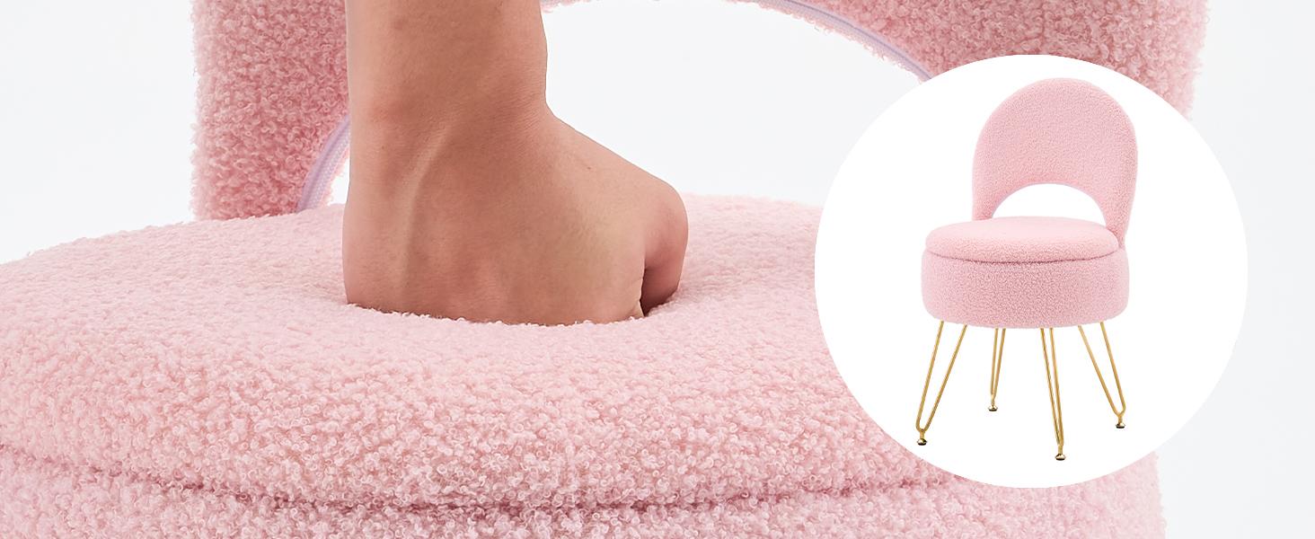 Storage Ottoman Vanity Stool Chair with Folding Back Teddy Velvet Makeup Chair Multifunctional Upholstered Footstool,4 Metal Legs with Anti-Slip Feet for Bedroom Living Room Entryway