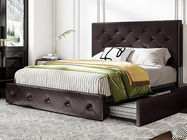MUTICOR Storage Bed frame with 4 Drawers【Frame Only No Mattress】Upholstered Platform Bed with Button Tufted Adjustable Headboard,No Box Spring Needed，Full/King/Queen Bed Frame #TikTokShopBlackFriday #ChristmasGifts
