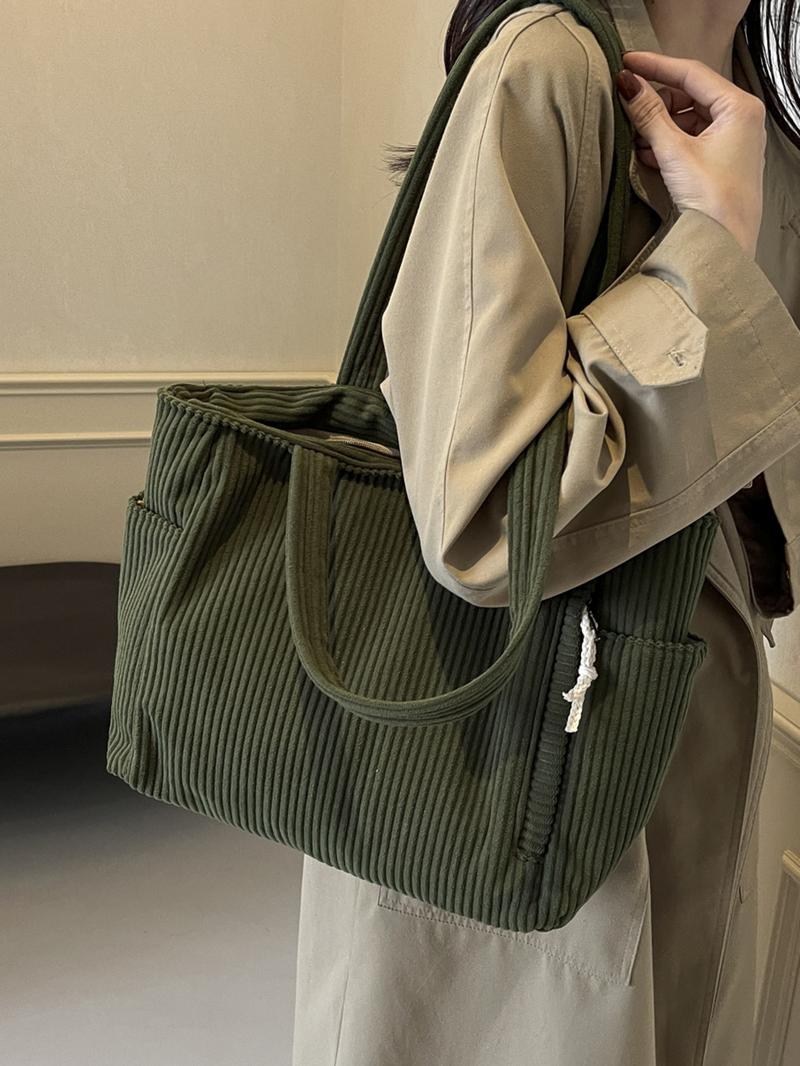 Women's Solid Color Corduroy Tote Bag, Fashionable Large Capacity Shoulder Bag for Work & Daily Used, Casual Trendy Versatile High-quality Daily Commuting Bag
