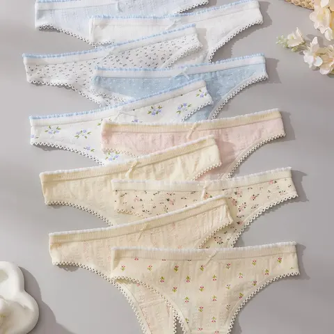 5/10/12 pcs Random Pack Women's Underwear, Lace Trim Breathable Triangle Underwear, High Stretch Comfort All Seasons Wear, Cute Polka Dot Print Design