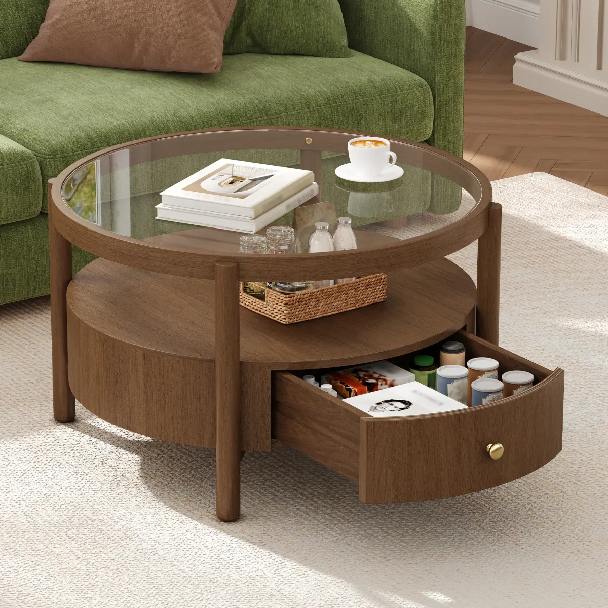 29.5 Inch Round Tempered Glass Top Coffee Table with Walnut Solid Wood Frame, 2-Tier Storage Shelf & Hidden Drawer 160 LBS Heavy Duty Mid Century Modern Farmhouse Accent Table for Small Living Room Apartment Home Decor