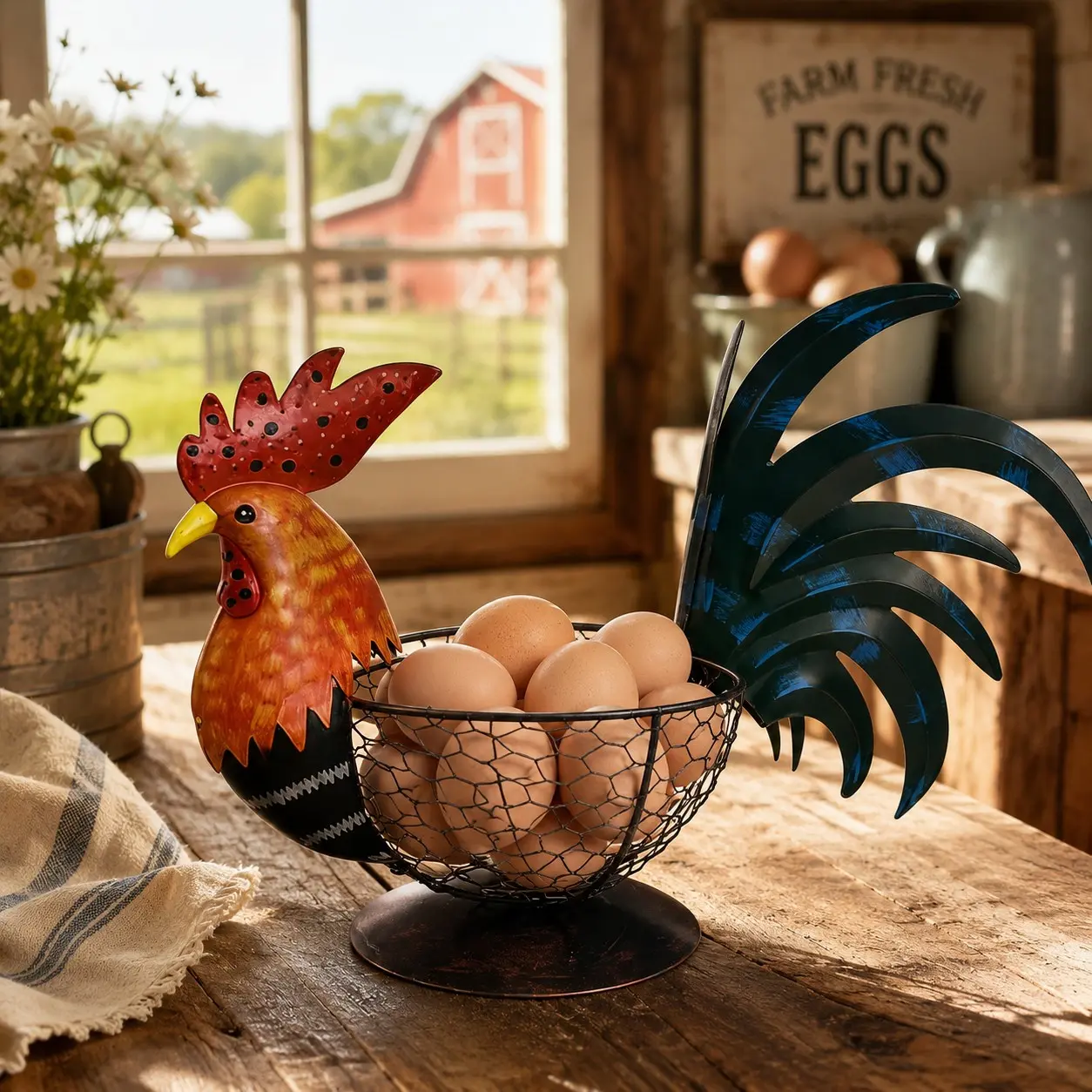 Farmhouse Rooster Egg Basket, Metal Chicken Egg Holder , Rustic Country Kitchen Decorative Storage Basket, French Farmhouse Decor for Countertop