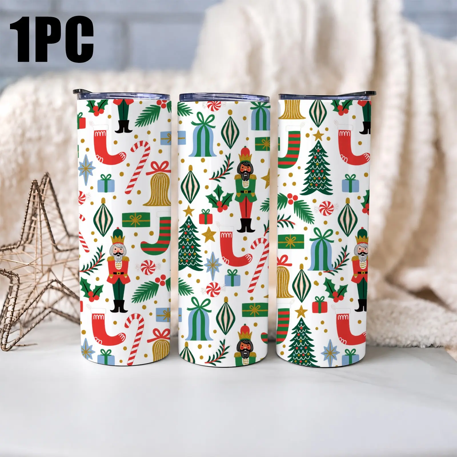 1PC 20oz Christmas Nutcracker Wonderland Tumbler with Straw, Stainless Steel Vacuum Insulated Travel Cup, Christmas Tree Candy Cane Gift Print, Sliding Lid, Reusable Hot & Cold Coffee Cup for Women, Holiday Xmas Gift