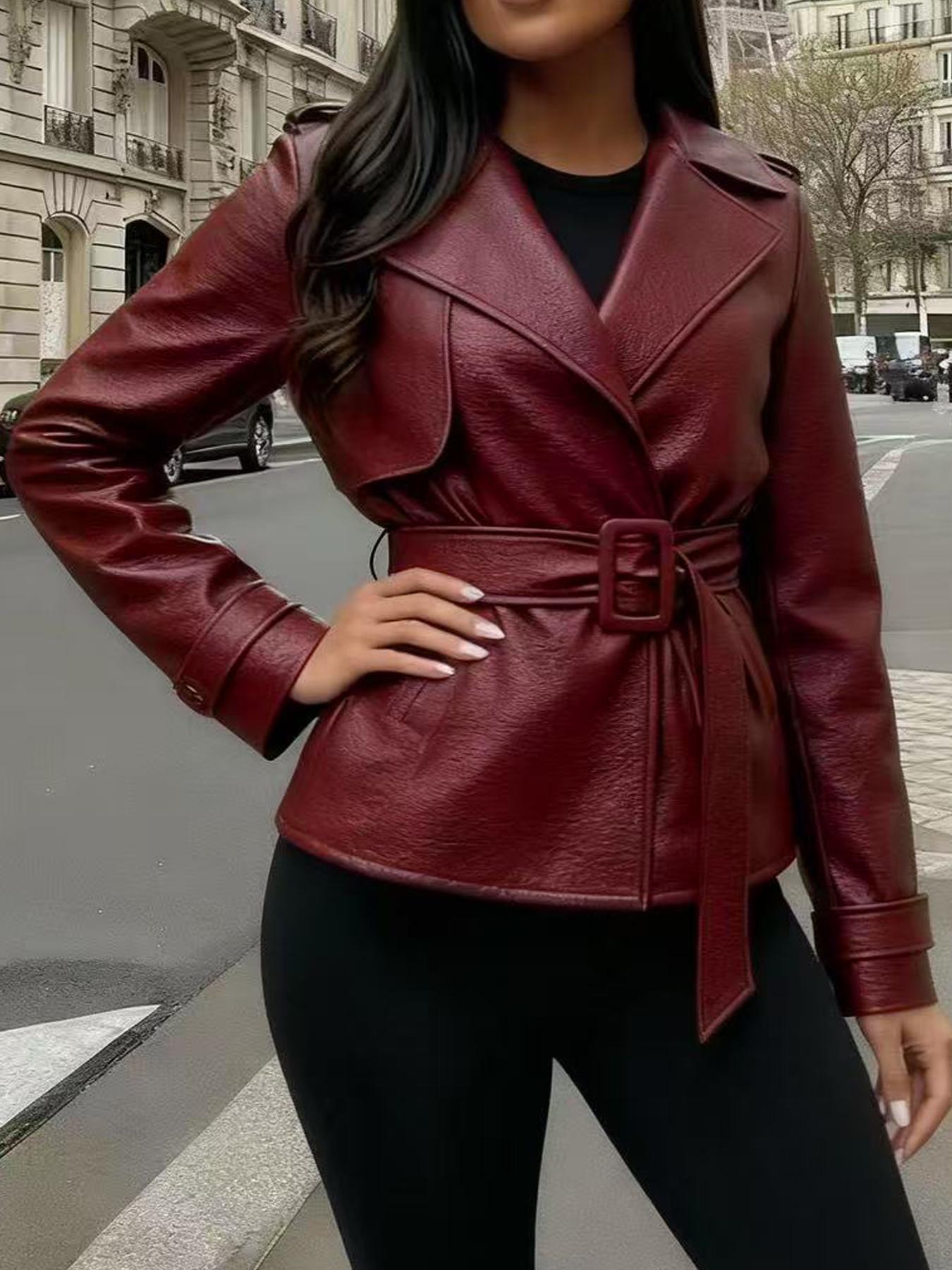 Women's Deep V PU Leather Jacket with Wide Waist Belt, Stylish Casual Outerwear for All Seasons, Perfect for Daily Wear & Trendy