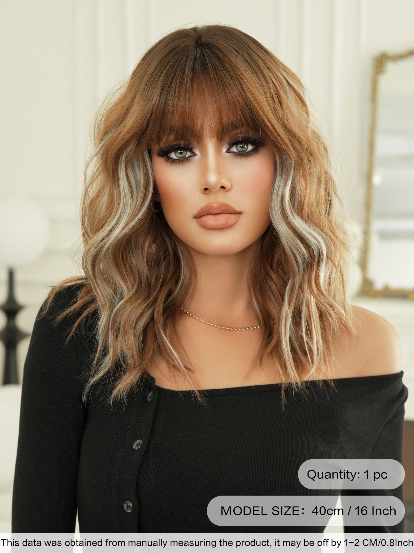 Two Tone Wig Silver Ash Pink Curly Wigs For Women 16 Inch Shoulder Length Wavy Wig With Bangs Synthetic Heat Resistant Fiber Beautiful Fluffy Wigs For Girls Daily Party Cosplay Use Beginner Birthday Gifts Synthetic Wavy Hairstyle ( Black Highlight Hair )
