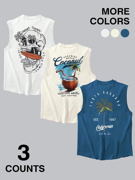 Men's Coconut Tree & Skull Print Tank Top, Loose Casual Soft Comfy Sleeveless Vest for Summer, Men's Top for Beach Vacation