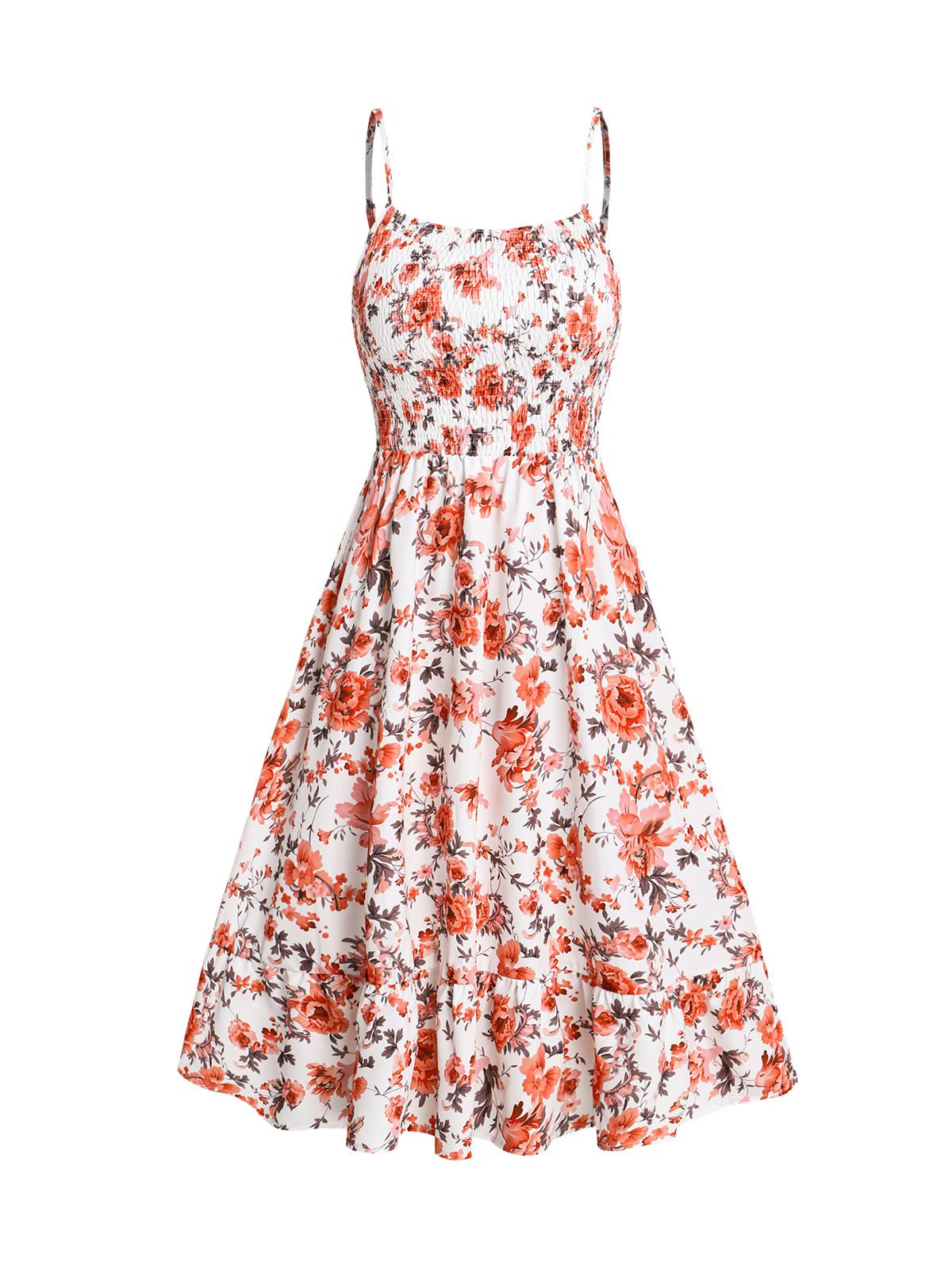 Women's Fashion Summer Dresses 2025 Floral Print Vacation Sundress Garden Party Dress Smock Back Ruffled Bowknot Mini Dress