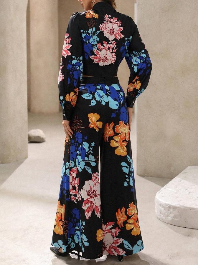 Women's Fashion Floral Print Lapel Bubble Long Sleeve Shirt, Spring Summer Casual Commute Wear, Elegant Daily Chic