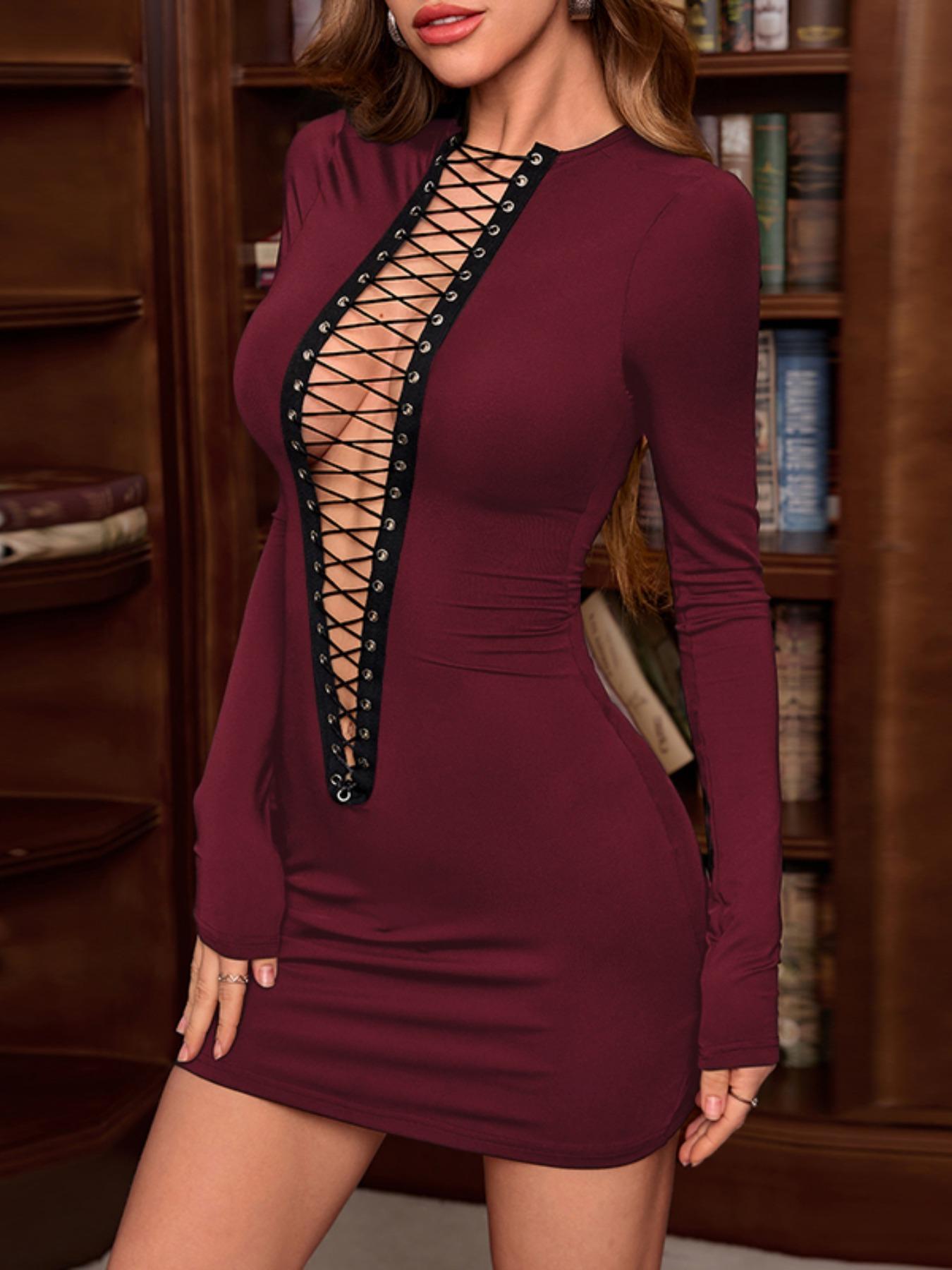 Women's Lace Up Backless Bodycon Dress, Solid Long Sleeve Round Neck Mini Dress for Party Club Dating Wear, Ladies Spring & Fall Clothes, Womenswear