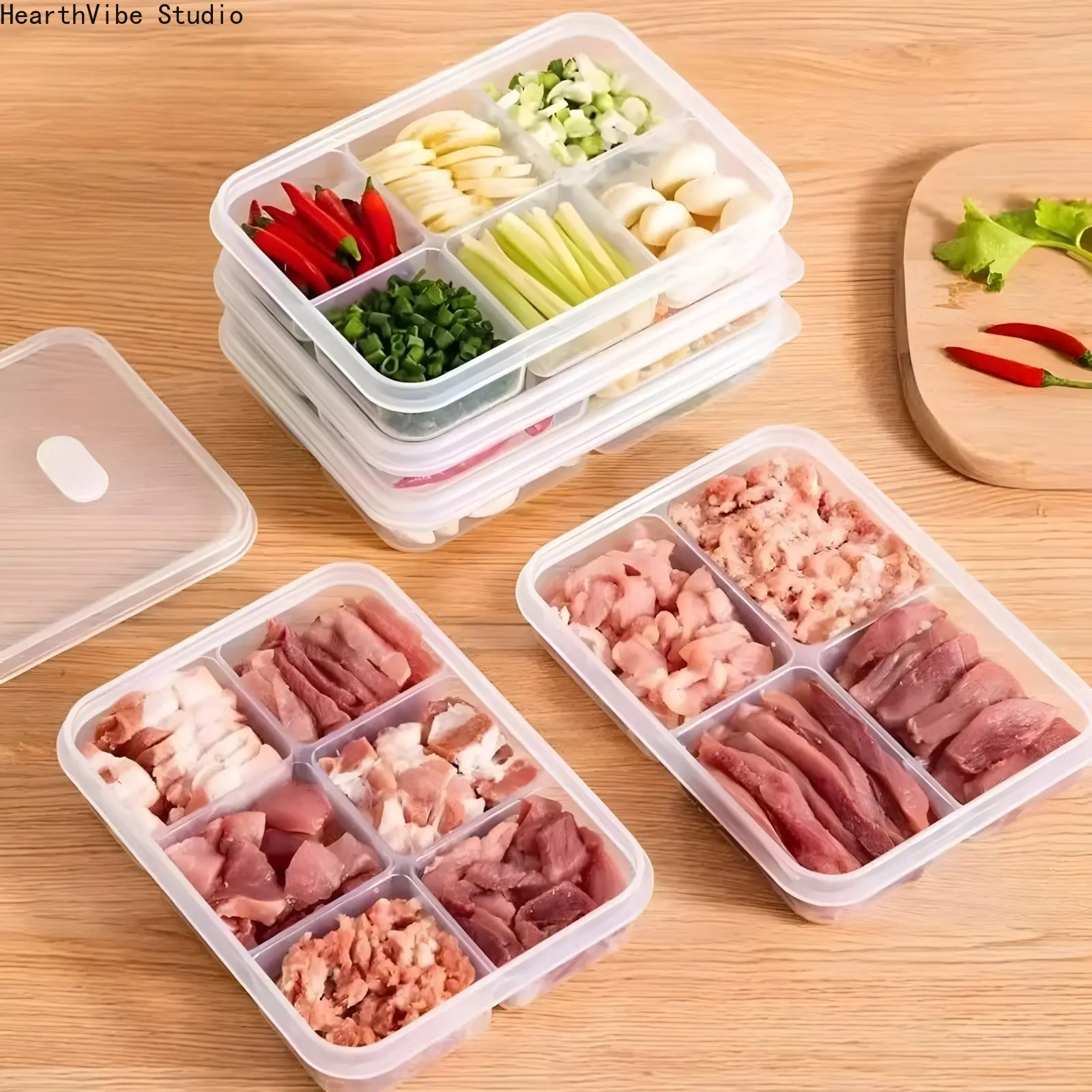 Plastic Food Storage Containers with Lids, Multi Compartment Meal Prep Containers for Meat, Divided Freezer Storage Box for Scallion Ginger Garlic, Airtight Kitchen Organizer