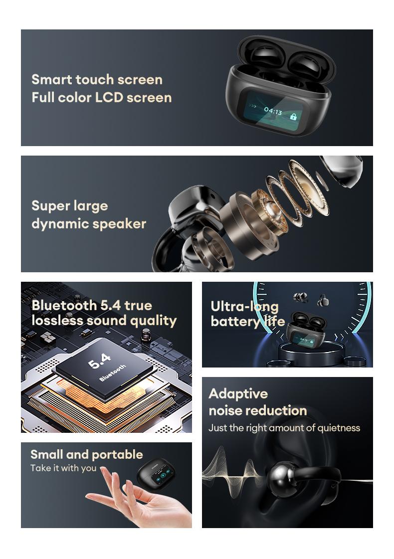 HYUNDAI C02 Clip On Ear Headphones with LCD Full Color Touch Screen, Audio Wireless Headphones for Music & Phone Calls