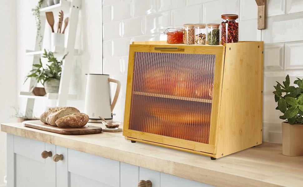 Double Layer Bamboo Bread Box for Kitchen Countertop, Bread Storage Container, Bread Box with Window, Large Capacity