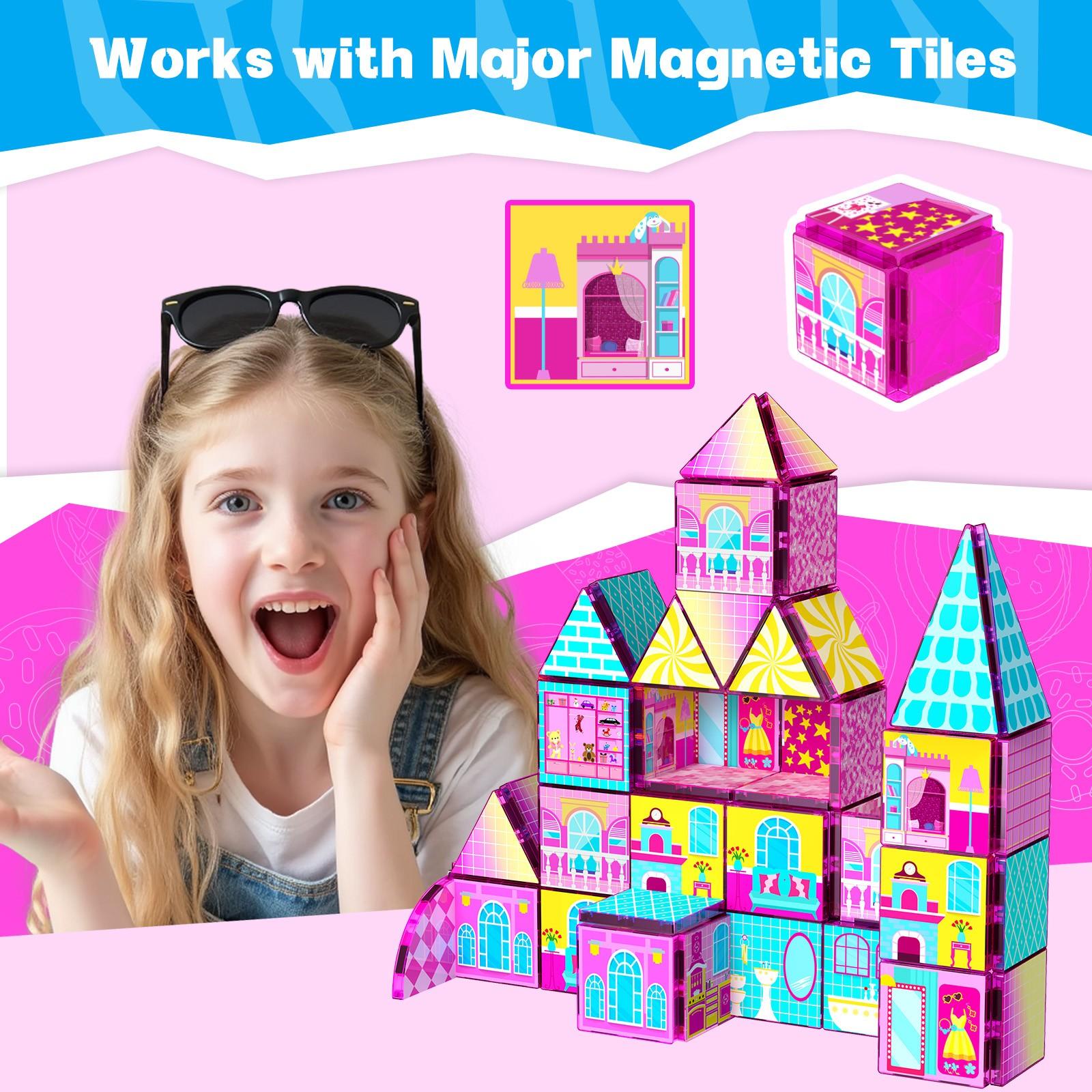 52pcs Magnetic Tiles Building Blocks, Castle Construction Toy, Stem Education Gift for Kids 3-8 Years, Boys & Girls Birthday Present