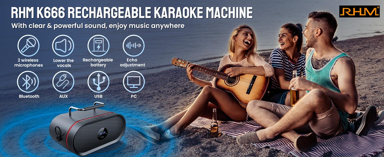 RHM-K666 ポータブル　Bluetooth スピーカー　カラオケ　皇馬 Amazon.com: RHM K666 Karaoke Machine with 2 UHF Wireless Mics