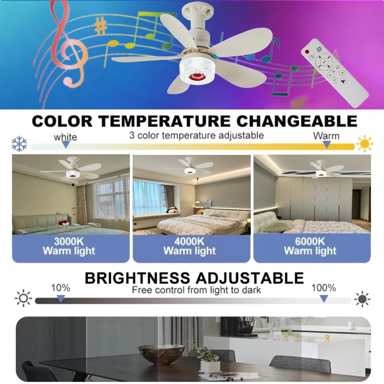 Remote Controlled RGB Ceiling Fan Light Lamp, Bluetooth-compatible Speaker, Crystal RGB Shade, Adjustable RGB Lighting, Sound Activated, Timer, 3 Adjustable Brightness Levels, Ceiling Lights