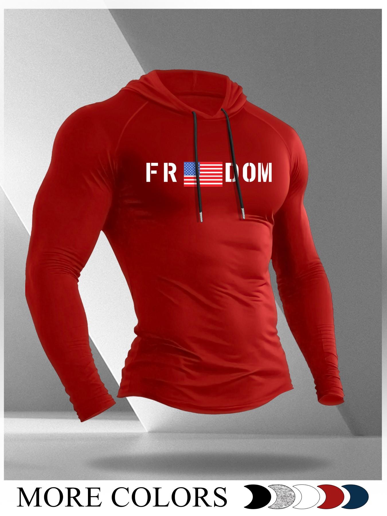 Men's Cartoon Print Long Sleeve Hooded T-Shirt, Casual Fitted Moderate Fabric Gym Athletic Clothes Gym Workout Top for Fall