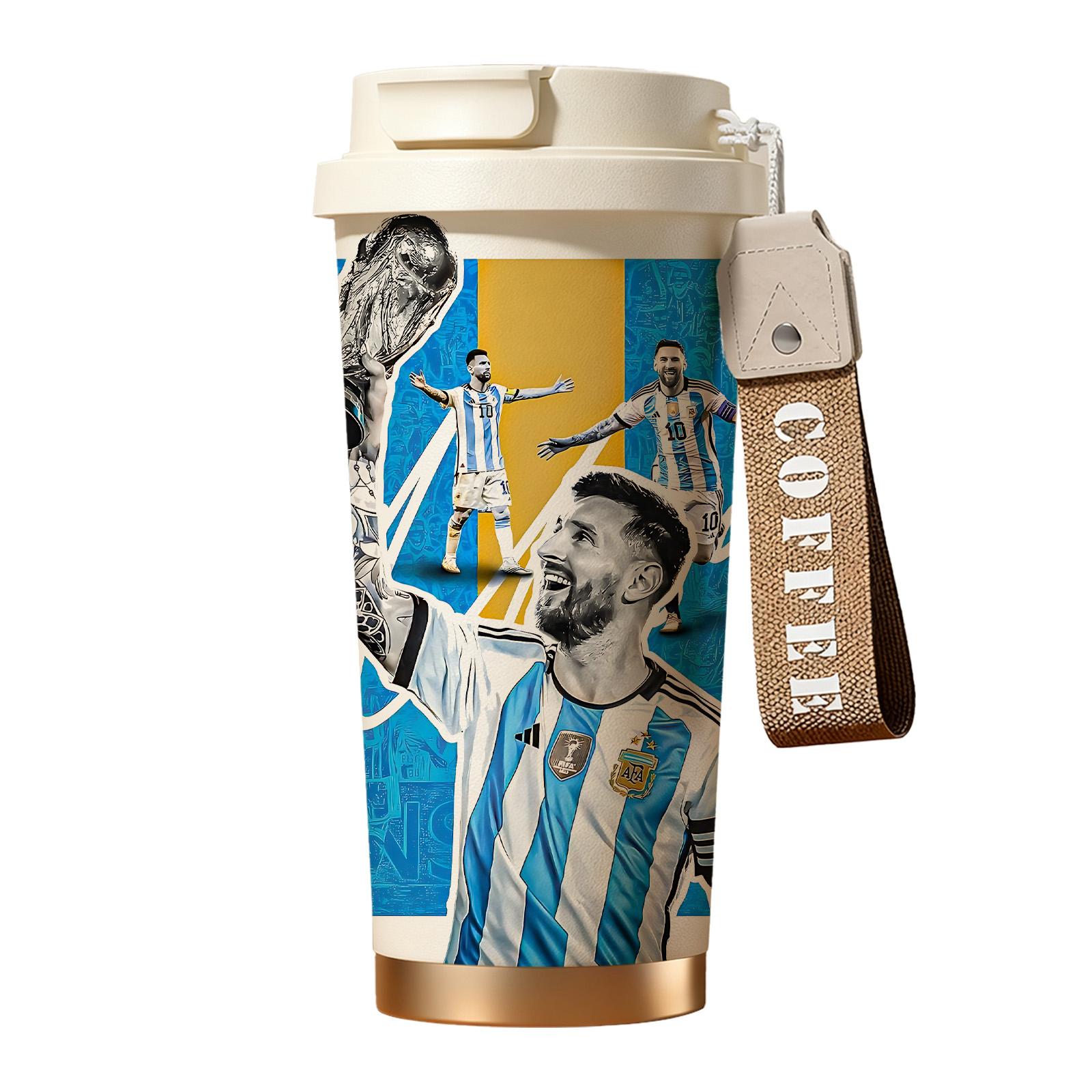 1 Pc insulated mug Messi Argentina champion vacuum cup, double wall stainless steel leak-proof travel coffee tumbler for hot cold drinks, keeps warm 12 h/cold 24 h, 18oz soccer fan thermal mug for women and men, world football lover holiday birthday gift