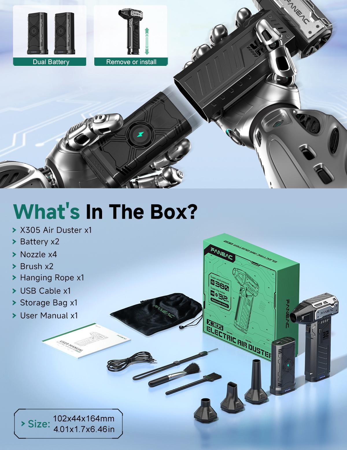 Ultra-Powerful Electric Air Duster – 150,000 RPM Brushless Motor for Deep Cleaning. Blast Away Dust from Keyboard, PC, Electronics, AC Vents & Car Seats. Quickly Tackle Snow on Cars/Patios. Cordless with 2× Long-Life Battery Packs.