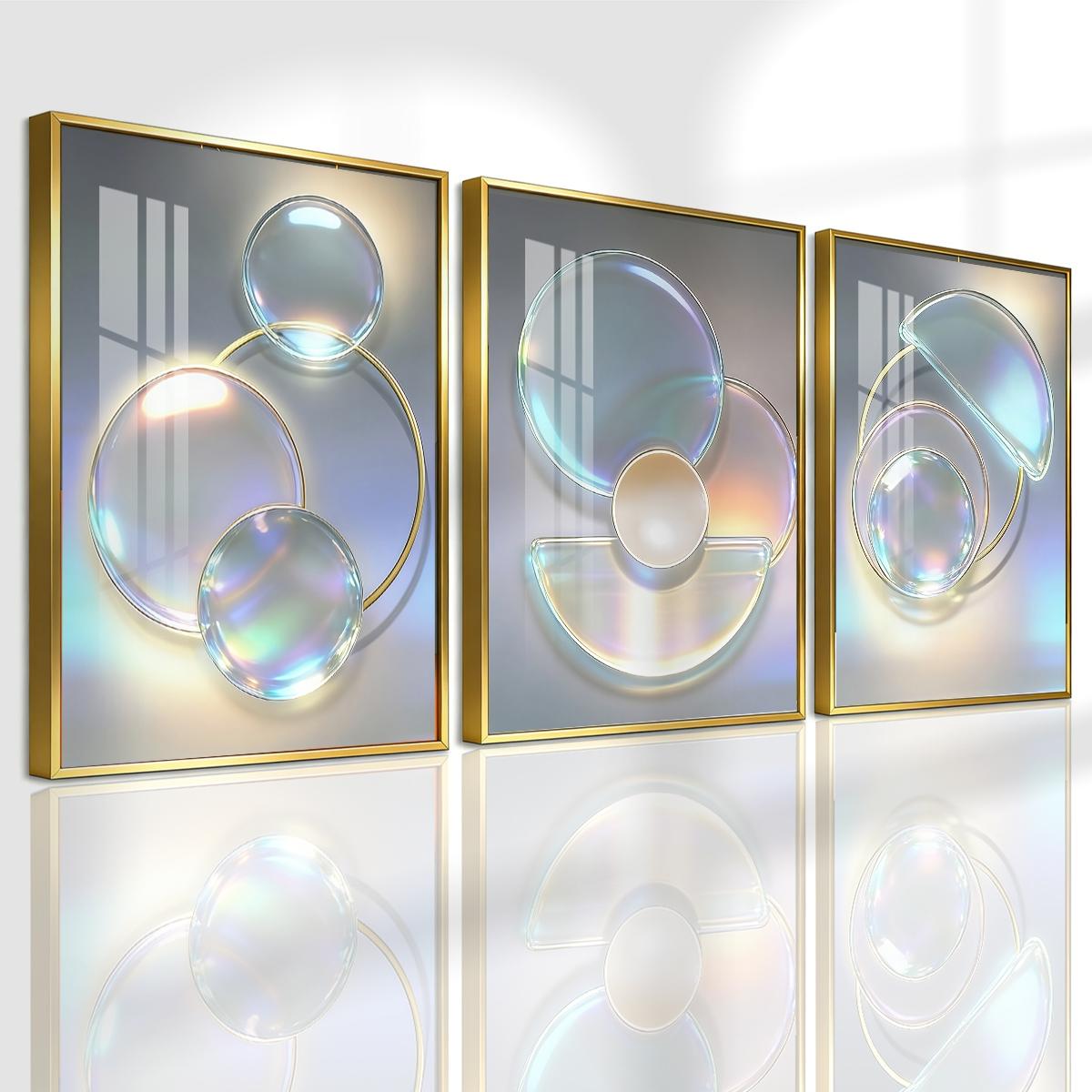 3 Counts Aluminum Alloy Framed Painting, Abstract Iridescent Glass Circles Design, Home Decoration For Living Room, Bedroom, Office, Restaurant, Hallway Wall Decor, Odorless Print Artwork, Luxury Perfect Gift For Friends And Family