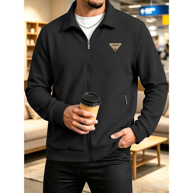 Men's Waffle Texture Collared Full-Zip Menswear Top, Premium Fabric, Triangle Metal Patch Label, Comfort Fit, Smart Casual Streetwear Sports Outerwear, Ideal for Daily Outings, Tops