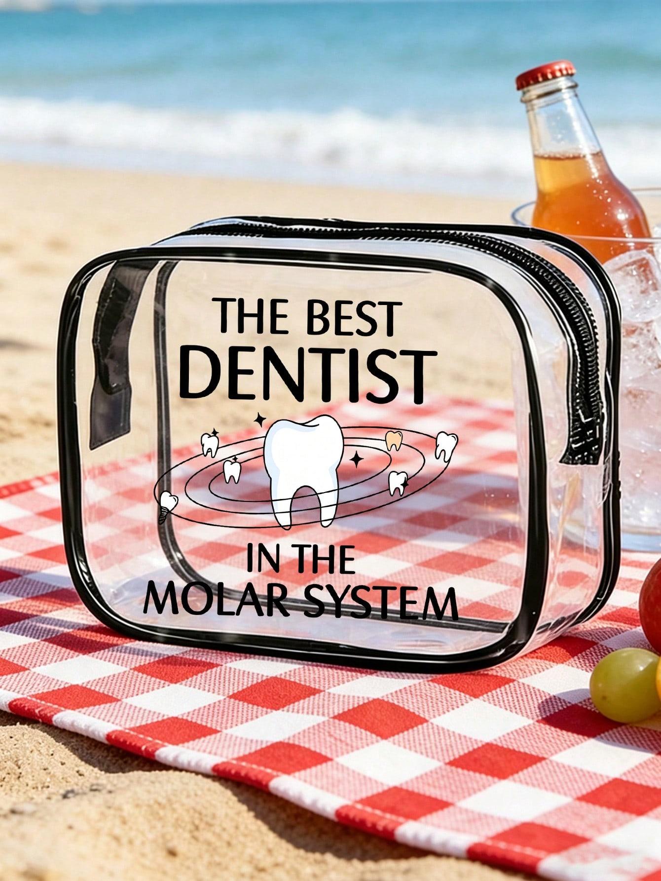 Clear PVC cosmetic bag with fun "Galaxy's Best Dentist" print. Waterproof and portable with zipper. Ideal for dentists, dental students and oral care lovers for work, travel and beach use.