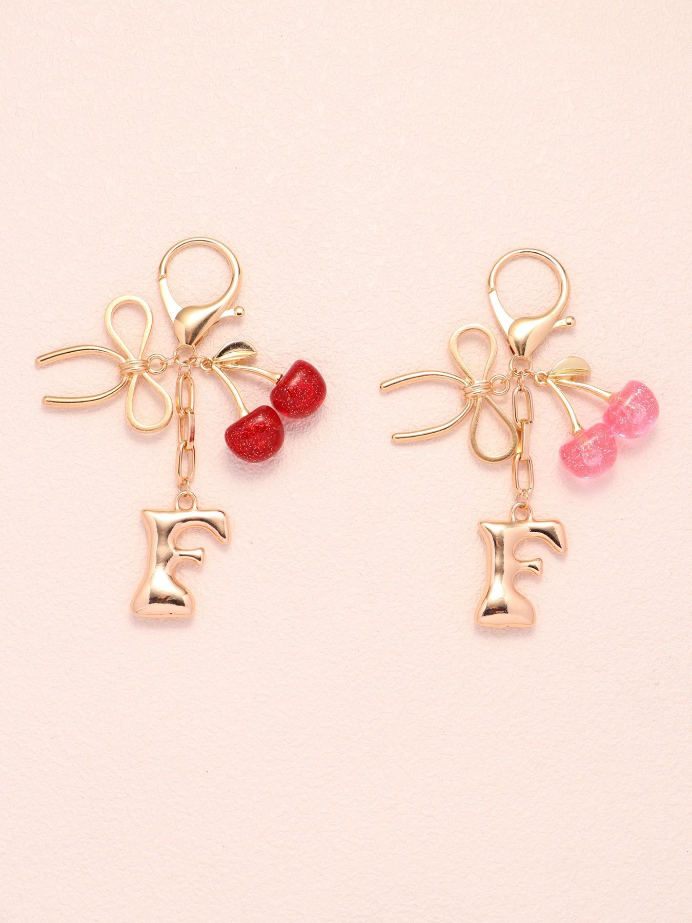 2pc Bubble Letter A-Z Keychains, Cute Initial Pendants, Metal Butterfly & Acrylic Cherry Decor, Personalized Bag Charms